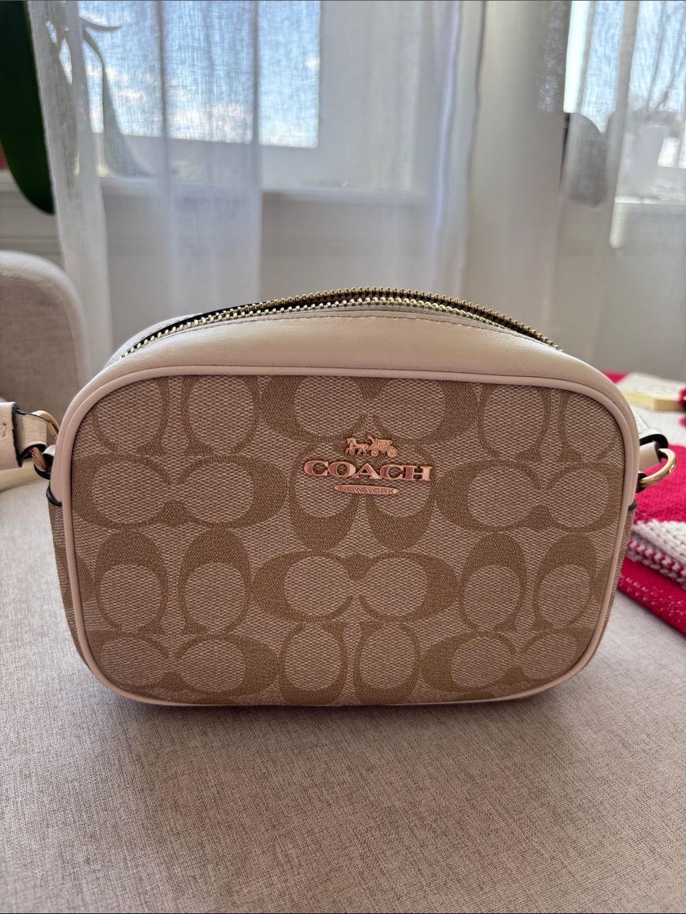 Coach Beige Signature Crossbody with Gold Logo